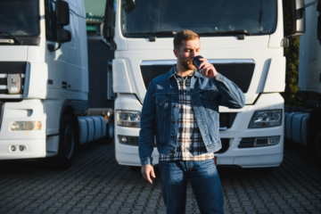 Lorry driver sipping coffee in front of two white lorries